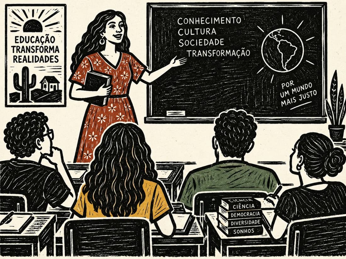 Ilustração em xilogravura de uma troca de conhecimentos em sala de aula