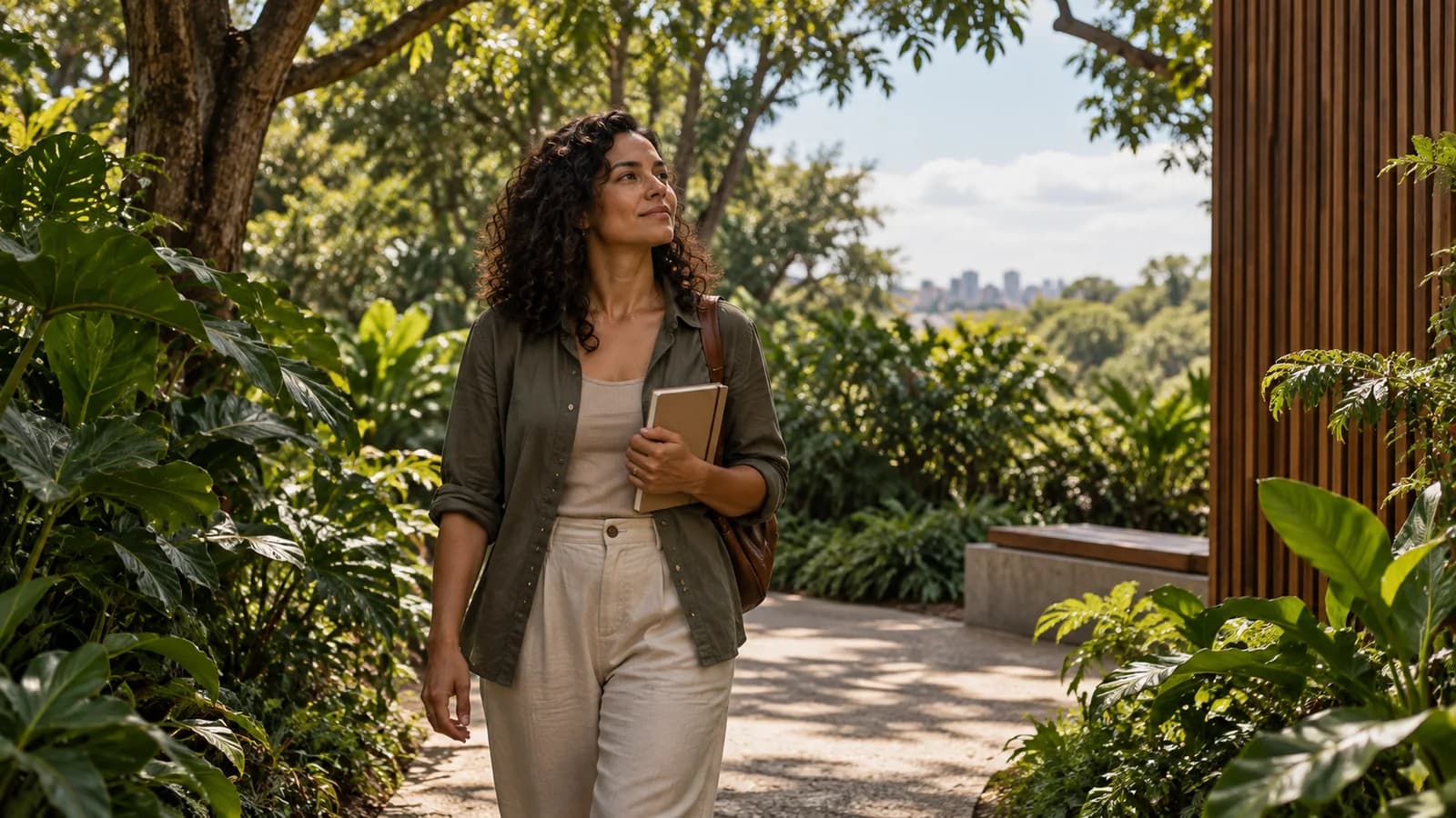 Uma pessoa caminhando com atenção por um jardim, em contato com o momento presente.