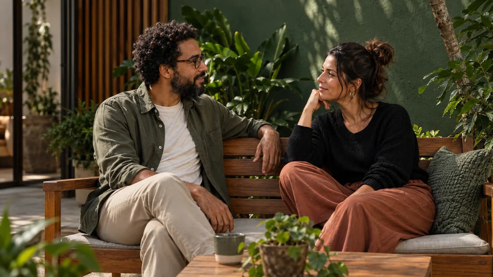 Um casal conversando com atenção em um jardim.