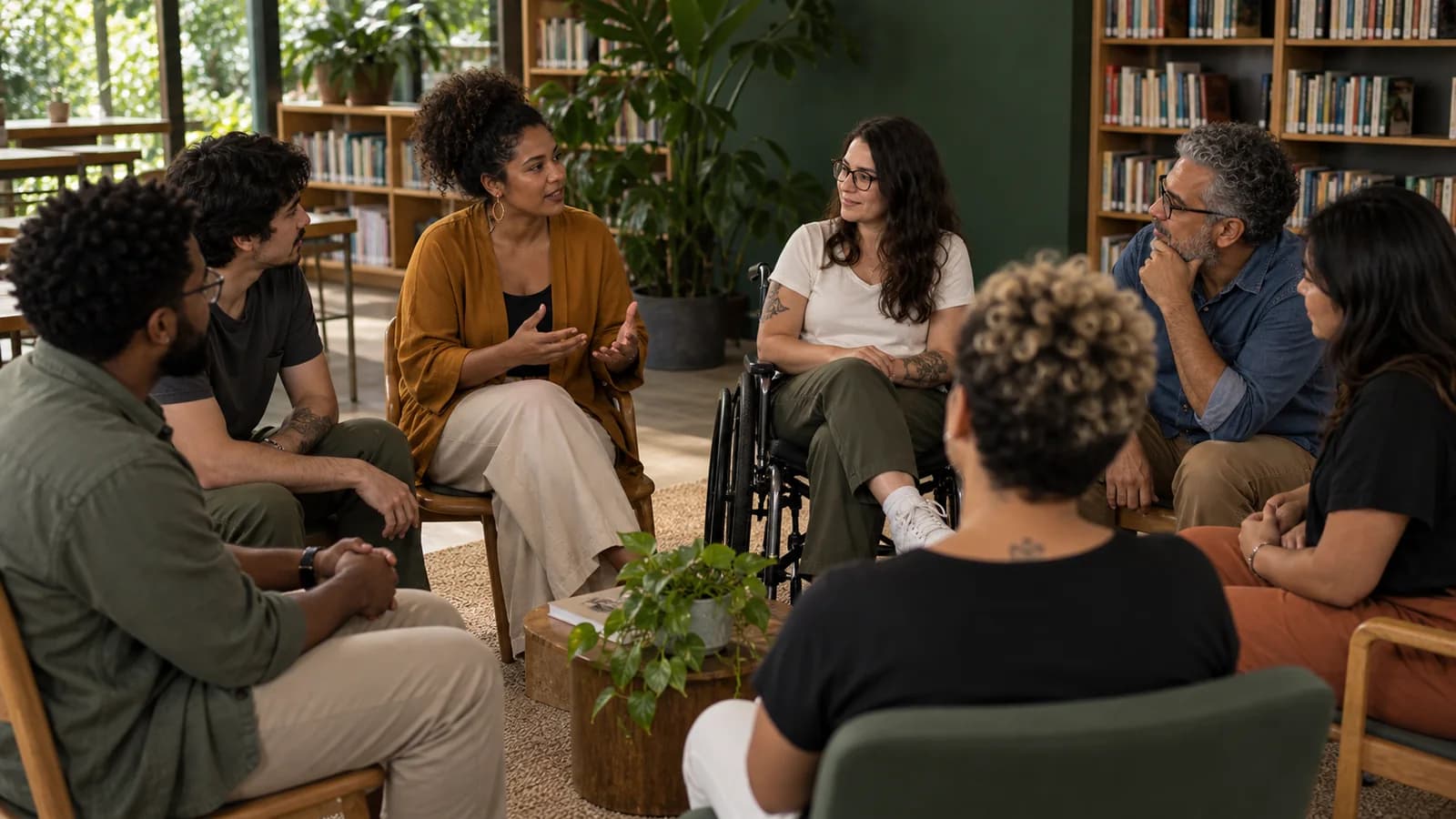 Uma roda de conversa entre pessoas com diferentes identidades e experiências.