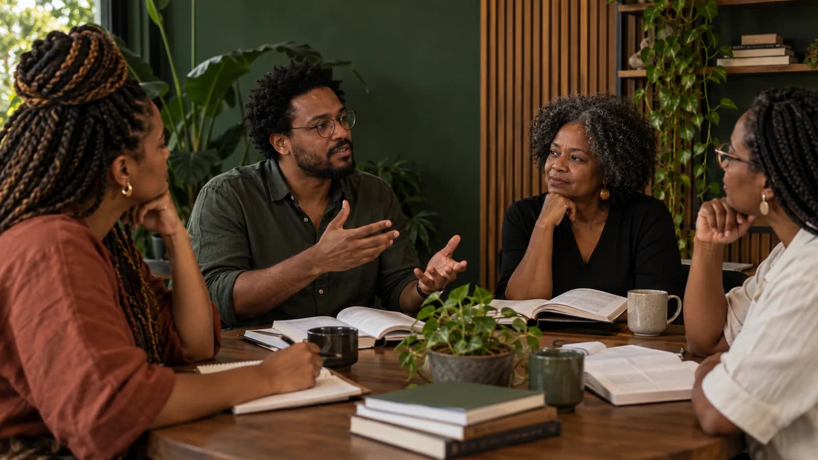 Profissionais negros compartilhando conhecimento em um grupo de estudos.