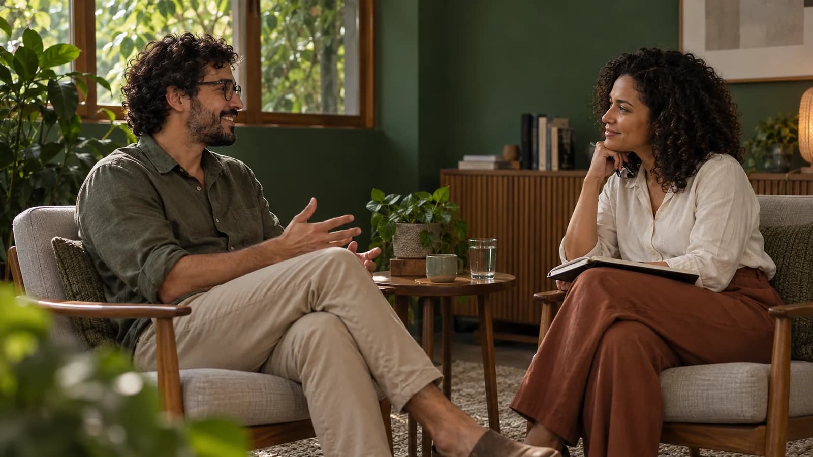 Uma conversa atenta entre duas pessoas em um espaço de acolhimento.