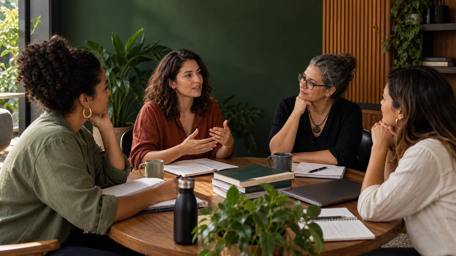 Mulheres de diferentes gerações compartilhando leituras e ideias.