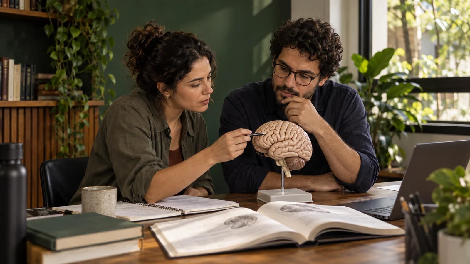 Pesquisadores estudando um modelo do cérebro entre livros e anotações.
