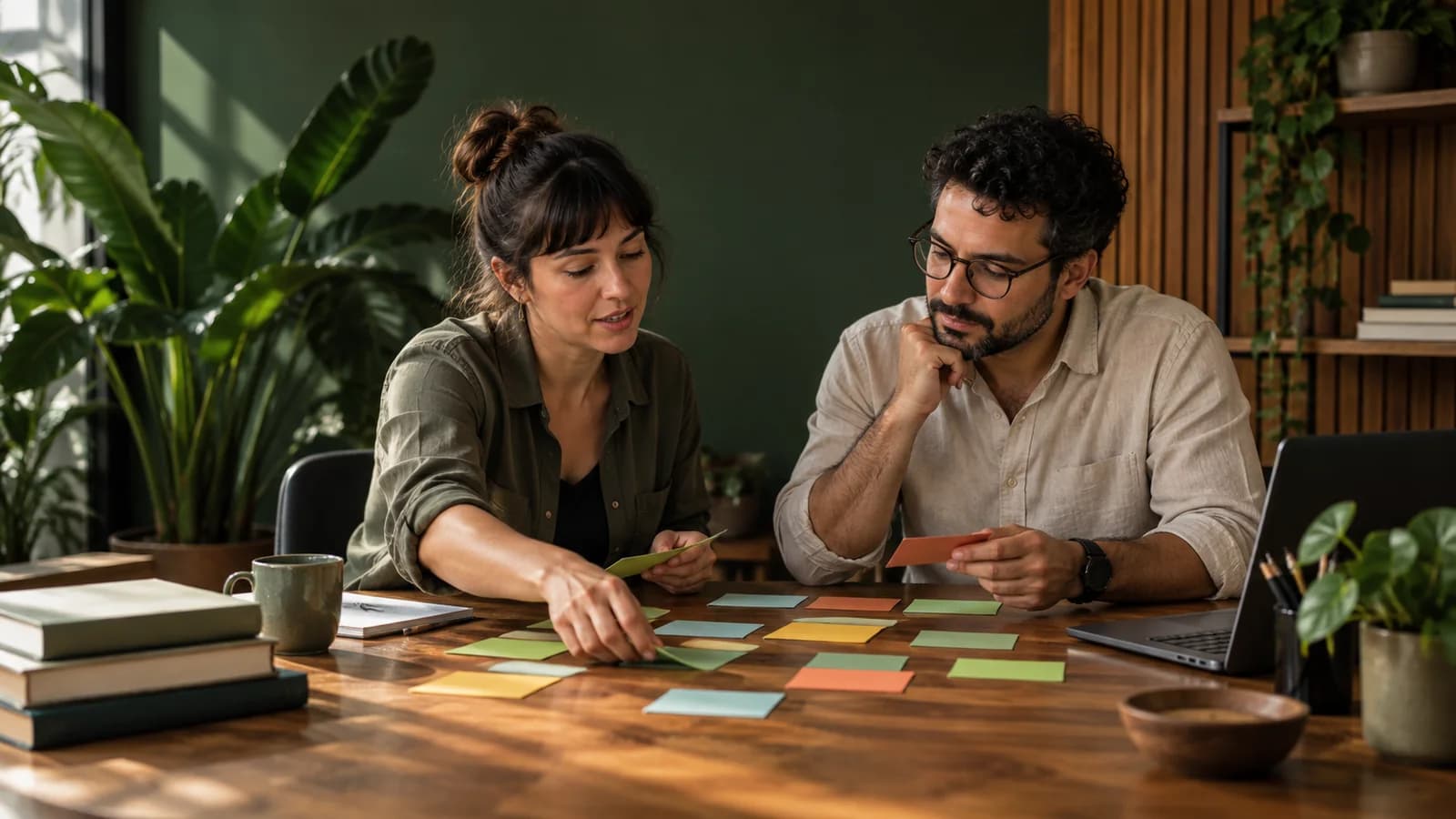 Pesquisadores explorando relações entre ideias com cartões de estudo.